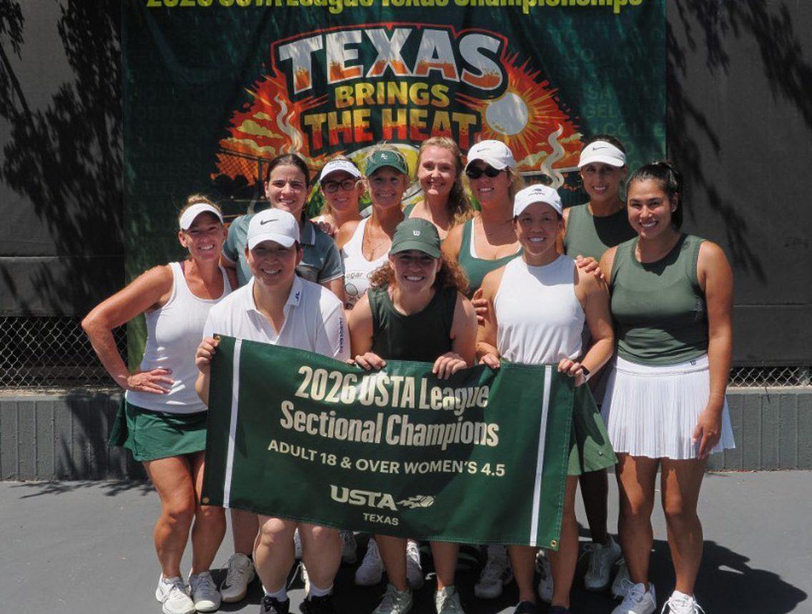 A Houston women's 4.5 team with their USTA League Texas sectional championship banner